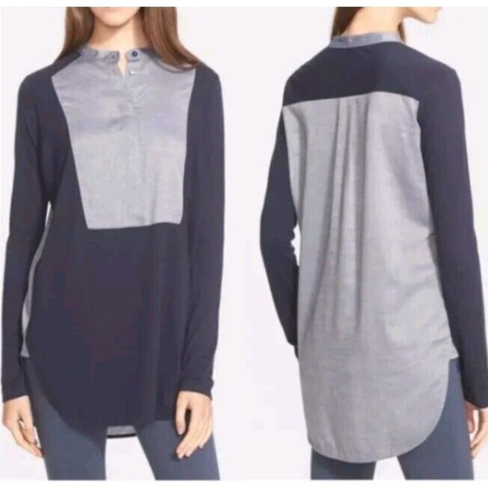 Vince Tuxedo Inset Mixed Media Tunic Women S Blue Pullover 1/4 Button-down @n5